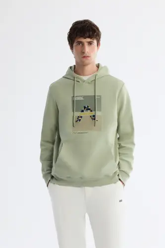 Erkek Mint Yeşil Kapüşonlu Pamuklu Baskılı Elastan Regular Fit Sweatshirt A42Y1321 - Mint Yeşil - 1