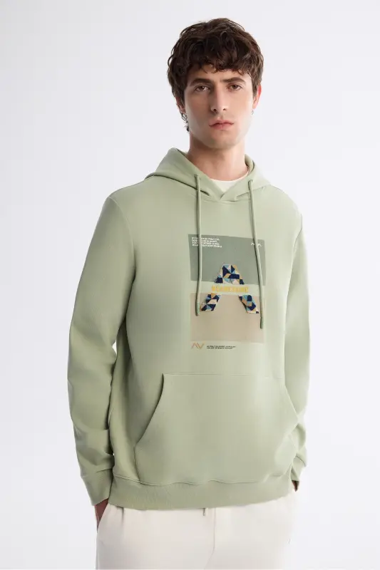 Erkek Mint Yeşil Kapüşonlu Pamuklu Baskılı Elastan Regular Fit Sweatshirt A42Y1321 - Mint Yeşil - 3
