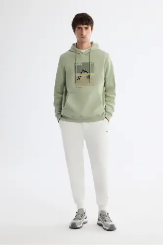 Erkek Mint Yeşil Kapüşonlu Pamuklu Baskılı Elastan Regular Fit Sweatshirt A42Y1321 - Mint Yeşil - 6