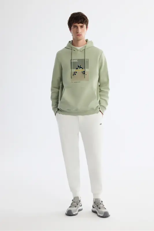 Erkek Mint Yeşil Kapüşonlu Pamuklu Baskılı Elastan Regular Fit Sweatshirt A42Y1321 - Mint Yeşil - 6