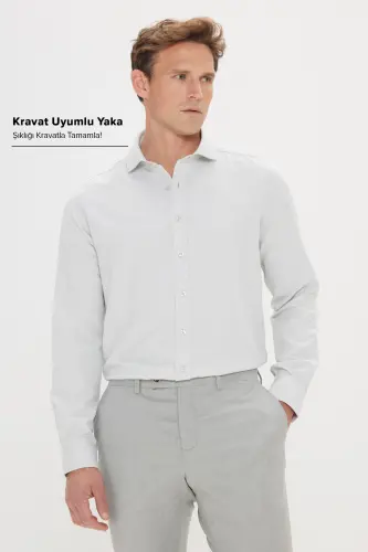 Erkek Mint Yeşil Kolay Ütülenebilir Slim Fit Dar Kesim Italyan Yaka Armürlü Gömlek-MINT YESIL - 1