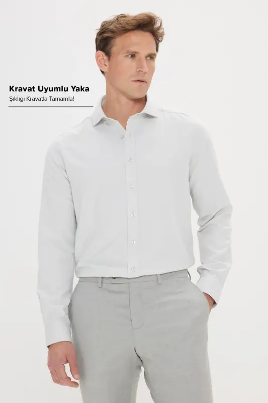 Erkek Mint Yeşil Kolay Ütülenebilir Slim Fit Dar Kesim Italyan Yaka Armürlü Gömlek-MINT YESIL - 1