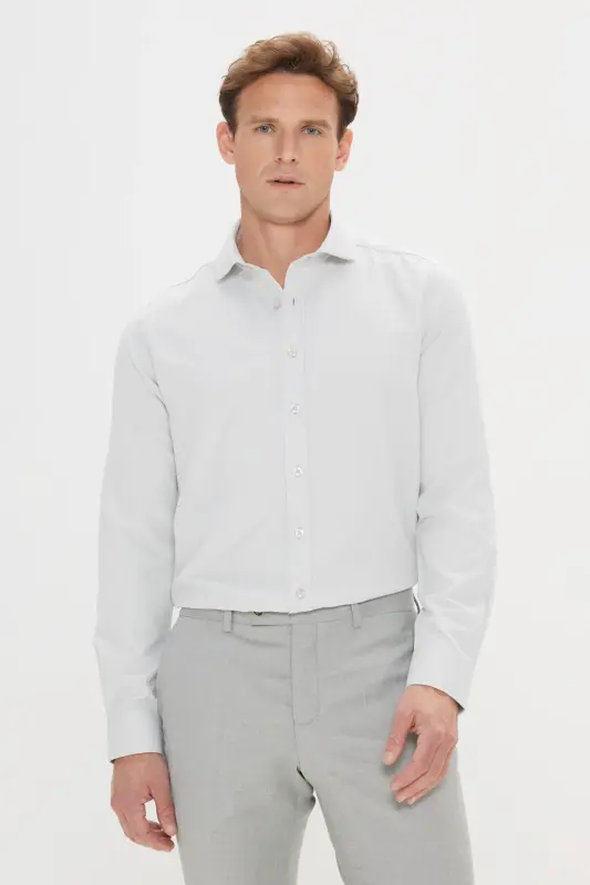 Erkek Mint Yeşil Kolay Ütülenebilir Slim Fit Dar Kesim Italyan Yaka Armürlü Gömlek-MINT YESIL - 3