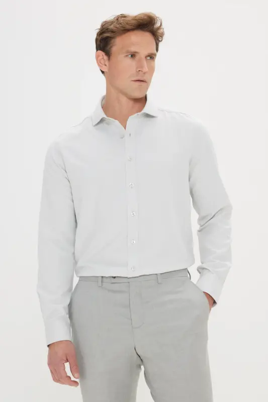 Erkek Mint Yeşil Kolay Ütülenebilir Slim Fit Dar Kesim Italyan Yaka Armürlü Gömlek-MINT YESIL - 5