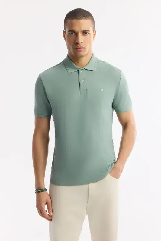Erkek Mint Yeşil Kıvrılmaz Polo Yaka %100 Pamuk Basic Regular Fit T-Shirt B001032-Mint Yeşil - 5
