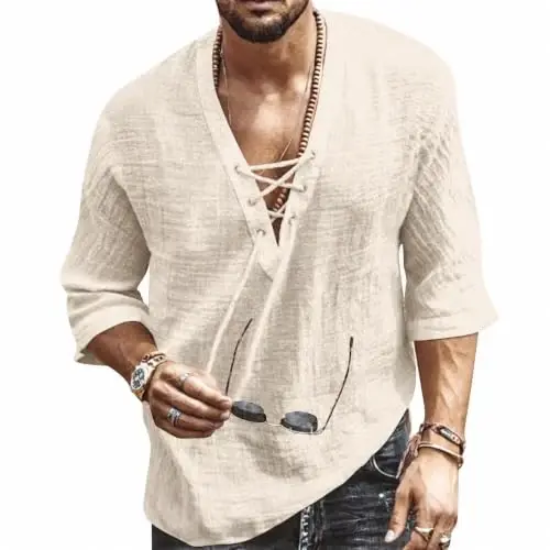 Men's Fashion Shirt Short Sleeve Beach V-Neck Drawstring Printing Yoga African Summer Top - 1