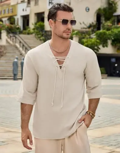 Men's Fashion Shirt Short Sleeve Beach V-Neck Drawstring Printing Yoga African Summer Top - 3