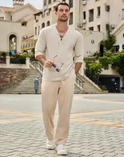 Men's Fashion Shirt Short Sleeve Beach V-Neck Drawstring Printing Yoga African Summer Top - 5