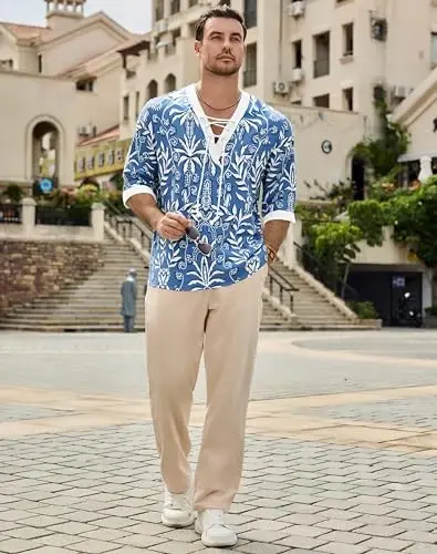 Men's Fashion Shirt Short Sleeve Beach V-Neck Drawstring Printing Yoga African Summer Top - 4