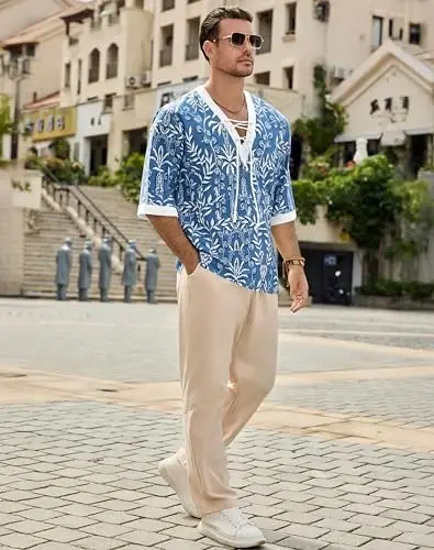 Men's Fashion Shirt Short Sleeve Beach V-Neck Drawstring Printing Yoga African Summer Top - 5