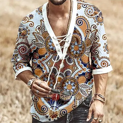 Men's Fashion Shirt Short Sleeve Beach V-Neck Drawstring Printing Yoga African Summer Top - 2