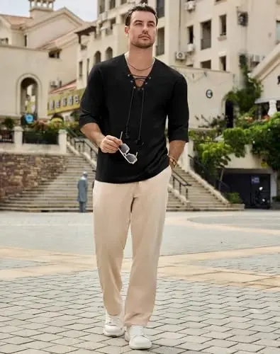 Men's Fashion Shirt Short Sleeve Beach V-Neck Drawstring Printing Yoga African Summer Top - 5