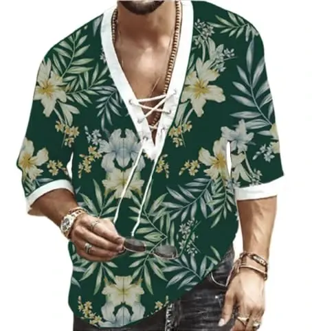 Men's Fashion Shirt Short Sleeve Beach V-Neck Drawstring Printing Yoga African Summer Top 