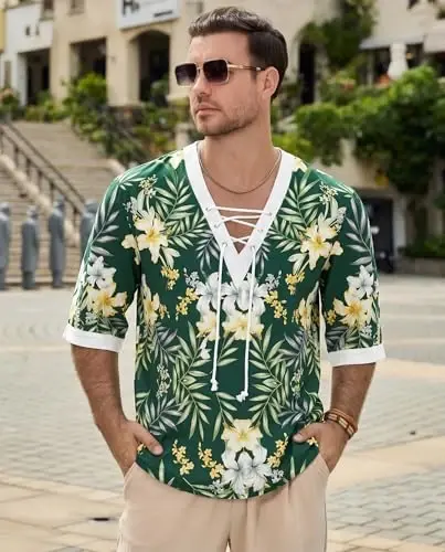 Men's Fashion Shirt Short Sleeve Beach V-Neck Drawstring Printing Yoga African Summer Top - MEN'S (1)