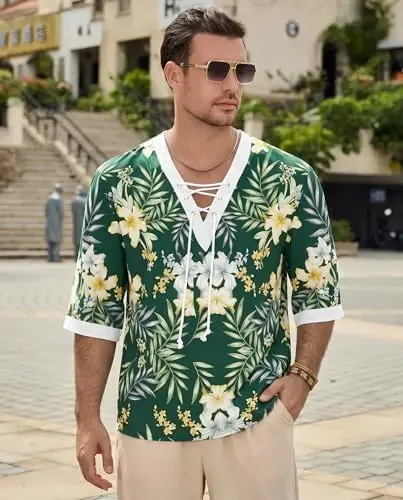 Men's Fashion Shirt Short Sleeve Beach V-Neck Drawstring Printing Yoga African Summer Top - 3
