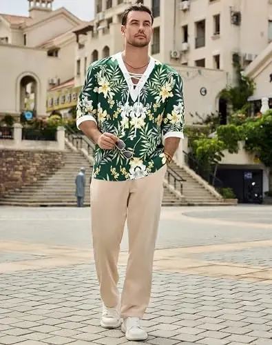 Men's Fashion Shirt Short Sleeve Beach V-Neck Drawstring Printing Yoga African Summer Top - 4