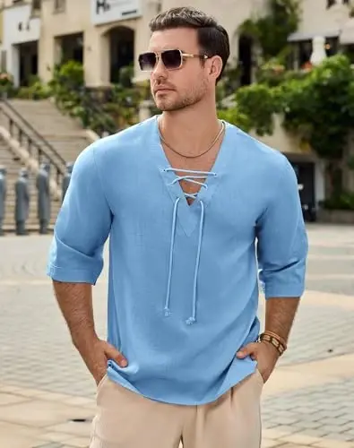 Men's Fashion Shirt Short Sleeve Beach V-Neck Drawstring Printing Yoga African Summer Top - 2