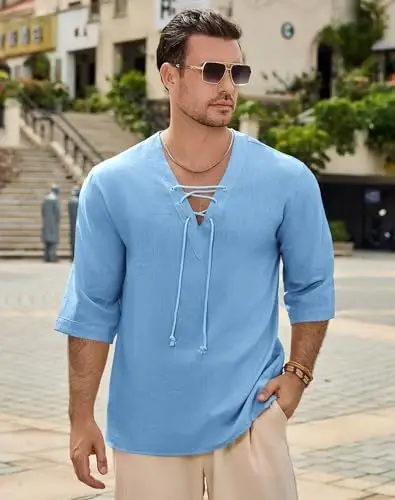 Men's Fashion Shirt Short Sleeve Beach V-Neck Drawstring Printing Yoga African Summer Top - 3