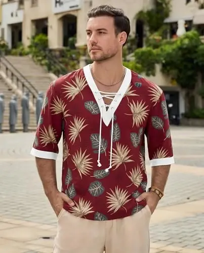 Men's Fashion Shirt Short Sleeve Beach V-Neck Drawstring Printing Yoga African Summer Top - 2