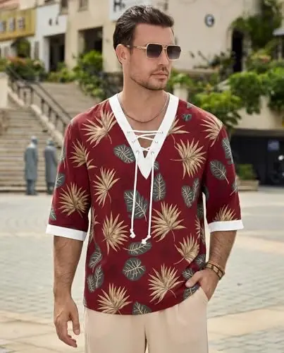 Men's Fashion Shirt Short Sleeve Beach V-Neck Drawstring Printing Yoga African Summer Top - 3