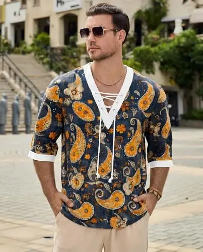 Men's Fashion Shirt Short Sleeve Beach V-Neck Drawstring Printing Yoga African Summer Top - MEN'S (1)
