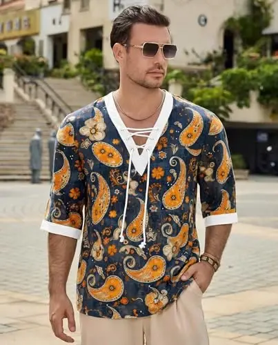 Men's Fashion Shirt Short Sleeve Beach V-Neck Drawstring Printing Yoga African Summer Top - 3