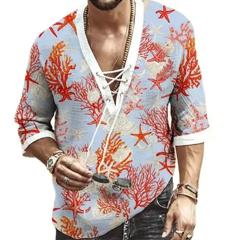 Men's Fashion Shirt Short Sleeve Beach V-Neck Drawstring Printing Yoga African Summer Top 