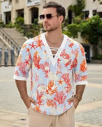 Men's Fashion Shirt Short Sleeve Beach V-Neck Drawstring Printing Yoga African Summer Top - MEN'S (1)
