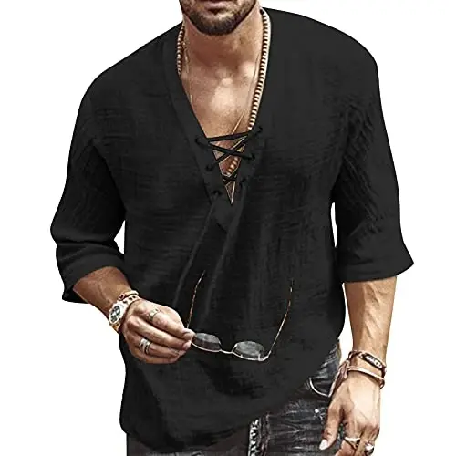 Men's Fashion Shirt Short Sleeve Beach V-Neck Drawstring Printing Yoga African Summer Top 