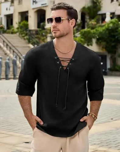Men's Fashion Shirt Short Sleeve Beach V-Neck Drawstring Printing Yoga African Summer Top - MEN'S (1)