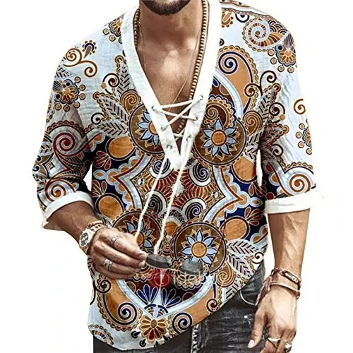 Men's Fashion Shirt Short Sleeve Beach V-Neck Drawstring Printing Yoga African Summer Top 