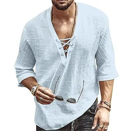 Men's Fashion Shirt Short Sleeve Beach V-Neck Drawstring Printing Yoga African Summer Top 