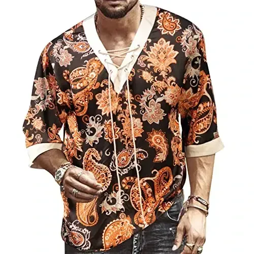 Men's Fashion Shirt Short Sleeve Beach V-Neck Drawstring Printing Yoga African Summer Top - 1