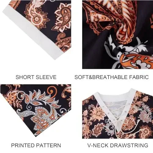 Men's Fashion Shirt Short Sleeve Beach V-Neck Drawstring Printing Yoga African Summer Top - 2