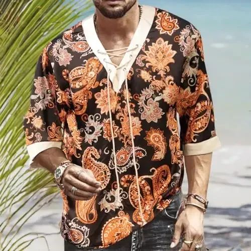Men's Fashion Shirt Short Sleeve Beach V-Neck Drawstring Printing Yoga African Summer Top - 3