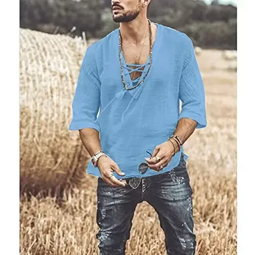 Men's Fashion Shirt Short Sleeve Beach V-Neck Drawstring Printing Yoga African Summer Top - 3