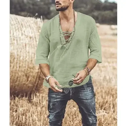 Men's Fashion Shirt Short Sleeve Beach V-Neck Drawstring Printing Yoga African Summer Top - 3