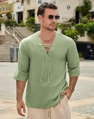 Men's Fashion Shirt Short Sleeve Beach V-Neck Drawstring Printing Yoga African Summer Top 
