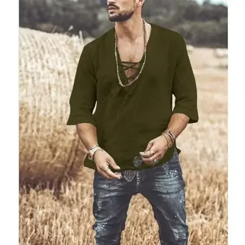 Men's Fashion Shirt Short Sleeve Beach V-Neck Drawstring Printing Yoga African Summer Top - 3