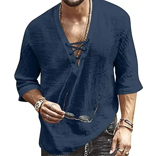 Men's Fashion Shirt Short Sleeve Beach V-Neck Drawstring Printing Yoga African Summer Top 