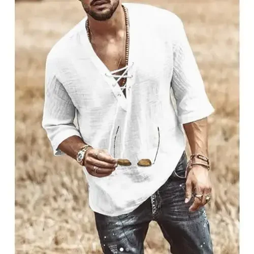 Men's Fashion Shirt Short Sleeve Beach V-Neck Drawstring Printing Yoga African Summer Top - 2