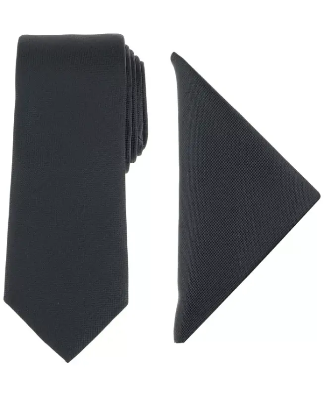 Men's Modern Textured Tie & Pocket Square Set, Created for Modazone - Black - ALFANI