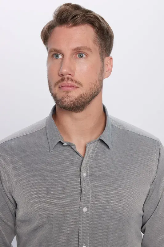 Erkek Modern Fit Dar Kesim Pamuklu Kolay Ütü Armürlü Gri Gömlek-Gri - 3