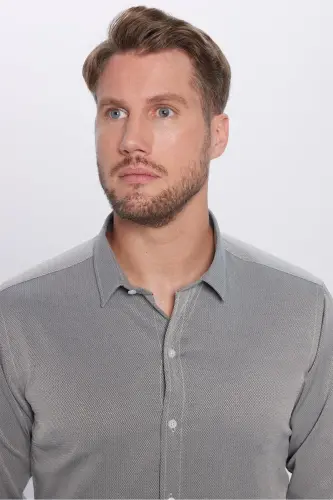 Erkek Modern Fit Dar Kesim Pamuklu Kolay Ütü Armürlü Gri Gömlek-Gri - 3