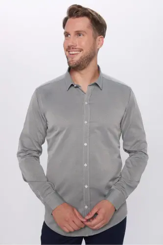 Erkek Modern Fit Dar Kesim Pamuklu Kolay Ütü Armürlü Gri Gömlek-Gri 