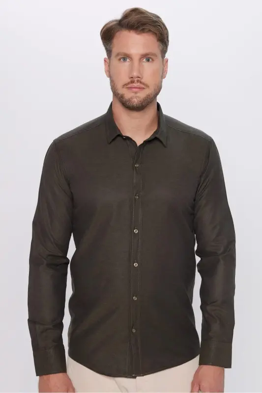 Erkek Modern Fit Dar Kesim Pamuklu Kolay Ütü Armürlü Haki Gömlek-Haki1 - 2