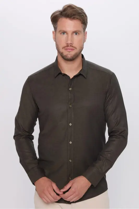 Erkek Modern Fit Dar Kesim Pamuklu Kolay Ütü Armürlü Haki Gömlek-Haki1 - 1
