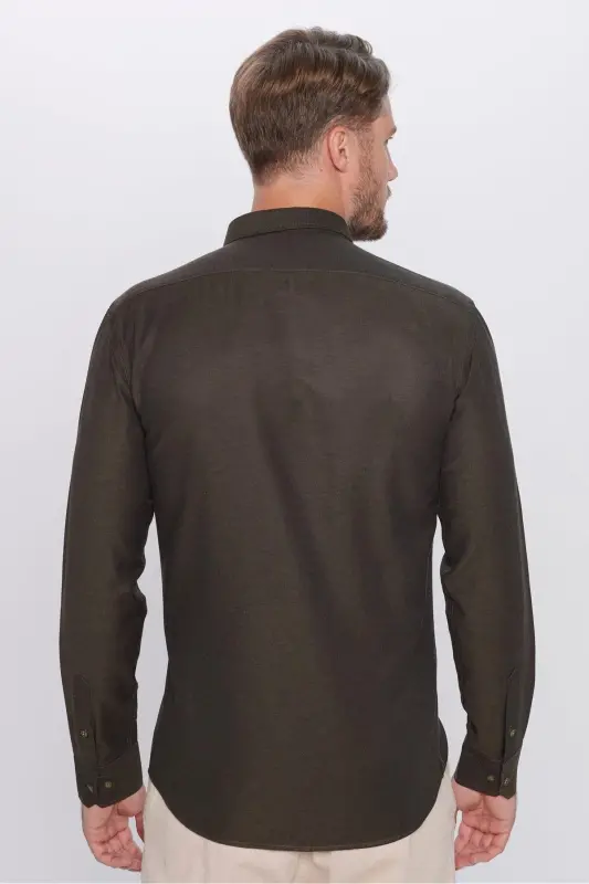 Erkek Modern Fit Dar Kesim Pamuklu Kolay Ütü Armürlü Haki Gömlek-Haki1 - 5
