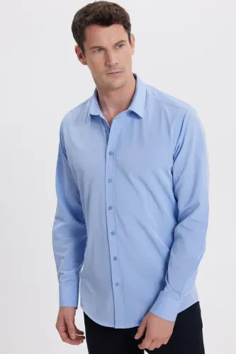 Erkek Modern Fit Dar Kesim Pamuklu Kolay Ütü Armürlü Mavi Gömlek-Mavi1 