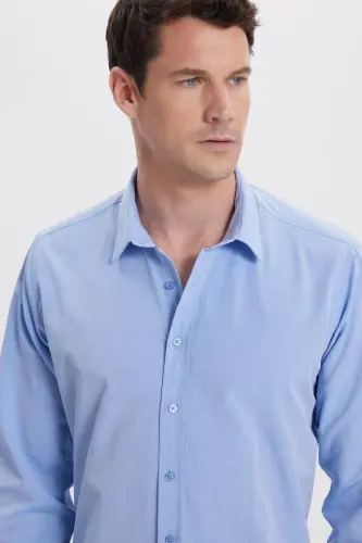 Erkek Modern Fit Dar Kesim Pamuklu Kolay Ütü Armürlü Mavi Gömlek-Mavi1 - TUDORS (1)